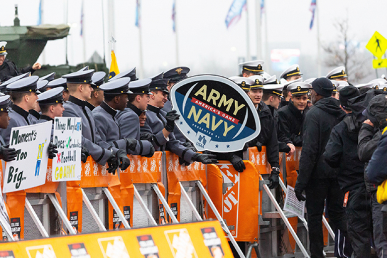 ESPNʼs College GameDay set was taken over by cadets and midshipmen who were having fun with the dayʼs festivities. 
