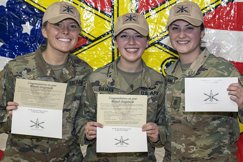 Cadets from the Class of 2022 hit a significant milestone as they received their branch assignments, indicating the area of expertise they will serve as an Army officer, during Branch Night Dec. 2 at various locations in Eisenhower Hall. (Above and left photos) After 1,026 firsties received one of the 17 Army branches, they celebrated with their classmates on the accomplishment.      Photos by Christopher Hennen/USMA PAO
