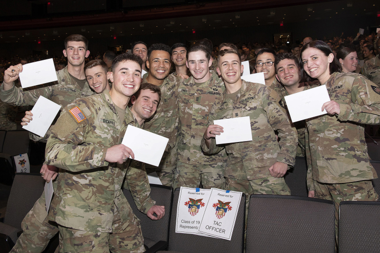 Members of the U.S. Military Academy Class of 2023 tore open sealed envelopes during the Branch Night ceremony Dec. 1 at Eisenhower Hall. The  cadets celebrated earning one of the 17 Army branches they will go into when they graduate and commission in May.    Photo by Kyle Osterhoudt/USMA PAO