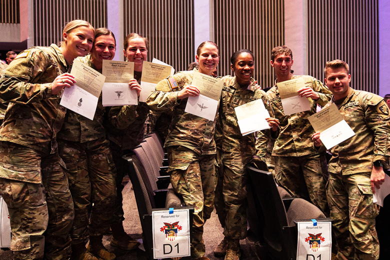 Members of the U.S. Military Academy Class of 2023 celebrate and rejoice with their classmates as they learned which one of the 17 Army branches they would go into when they graduate and commission in May during the Branch Night ceremony Dec. 1 at Eisenhower Hall.   Photo by Jorge Garcia/PV
