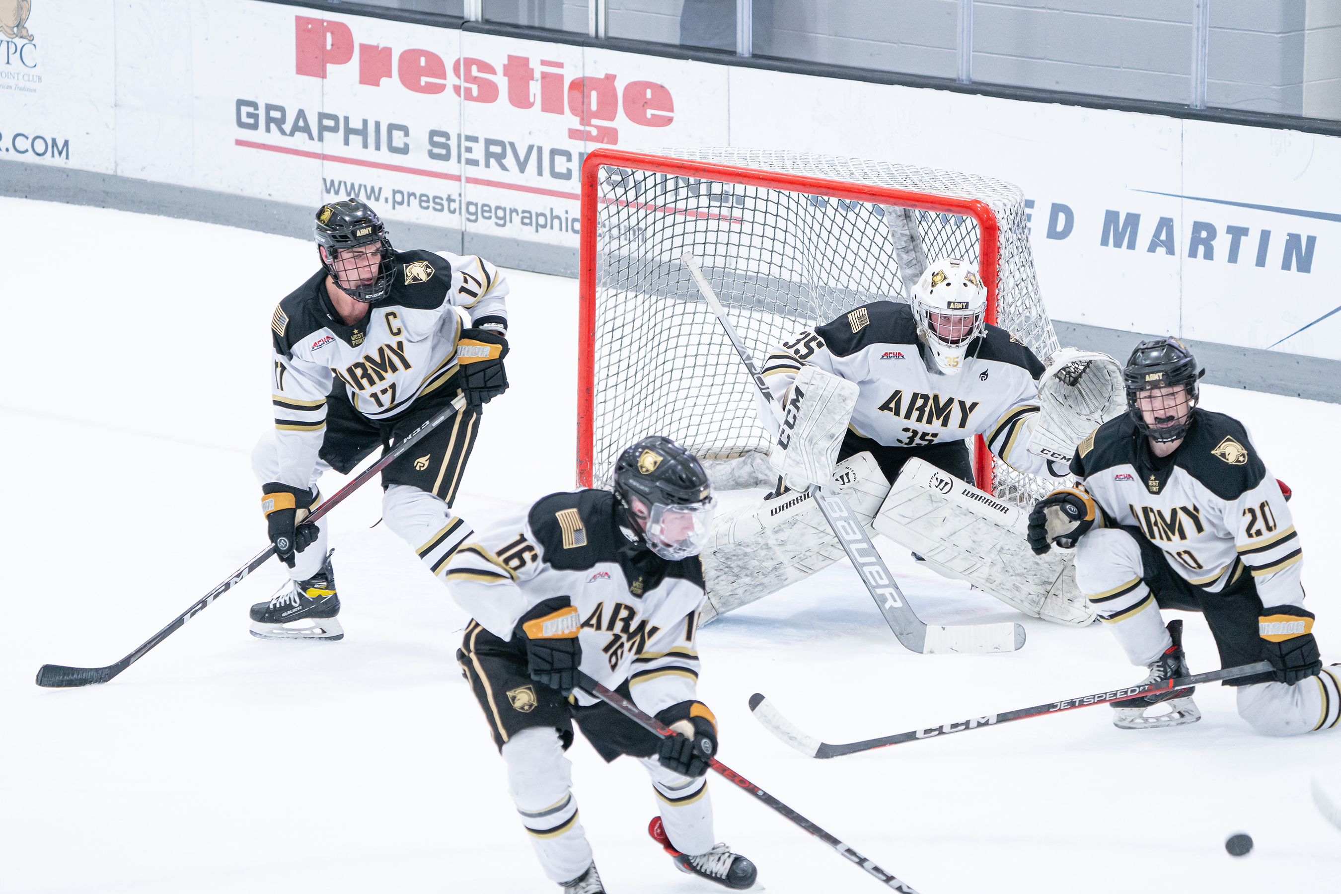 In a lively setting for the first-ever Army-Navy hockey game at Tate Rink on Dec. 2, the Black Knights rolled over the Midshipmen, 6-2, to extend their winning streak to 10 games on the season.    (Photo provided by Army West Point Club Hockey)