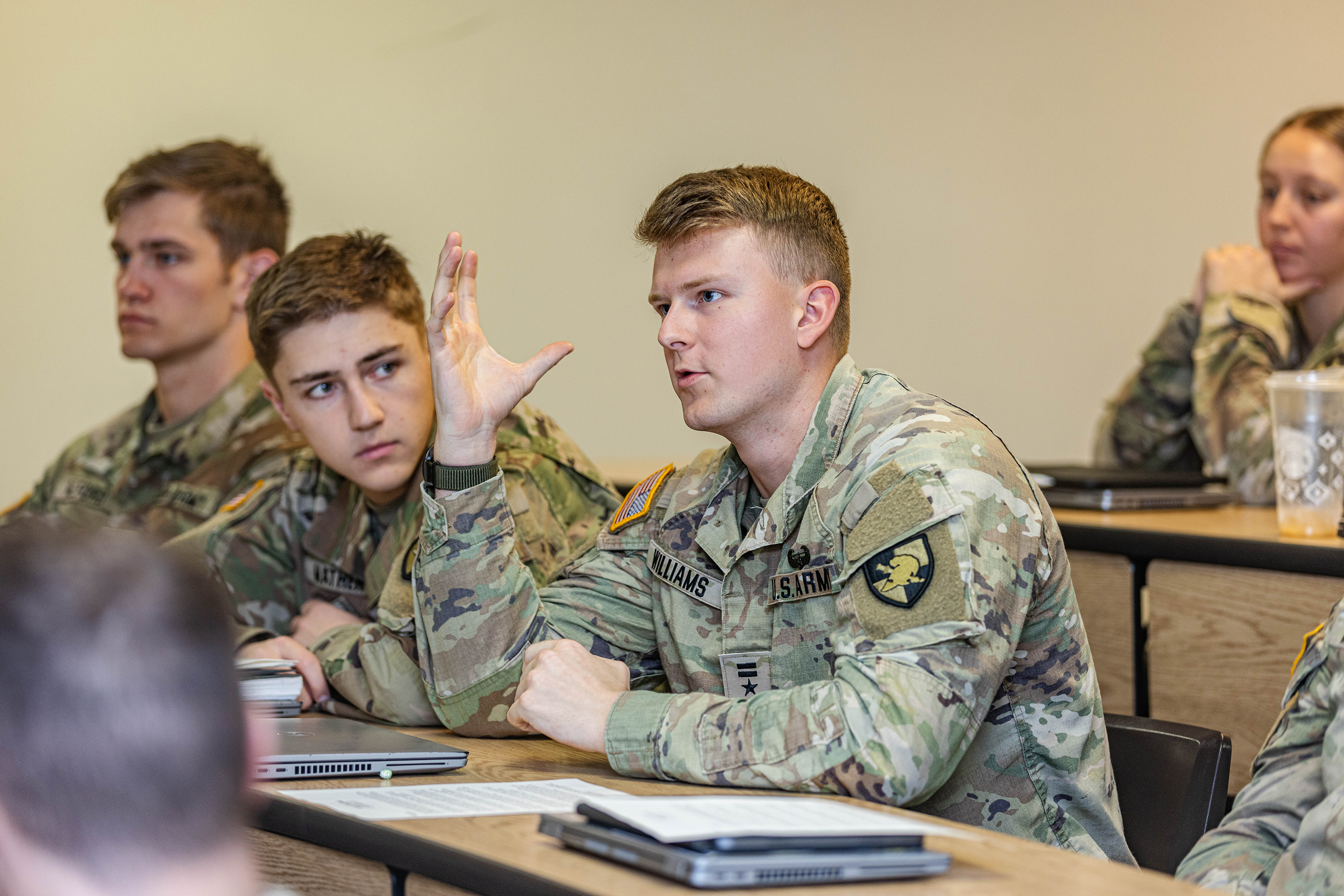Cadets gathered in class to participate in the 2023 FBI Negotiations Lecture conducted by Kyle Vowinkel, senior lecturer at Cornell University and former FBI assistant special agent in charge Nov. 17 at the U.S. Military Academy.   (Photos by Jorge Garcia/USMA PAO)