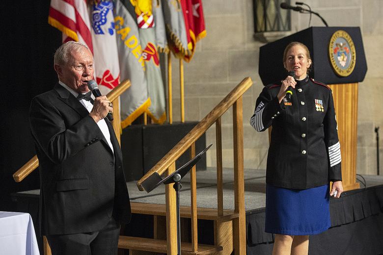The U.S. Corps of Cadets hosted the 500th Night Banquet for Class of 2022 cadets with guest speaker retired Gen. Martin Dempsey Friday in Washington Hall. Dempsey spoke to the graduating class and then sang with the West Point Band’s Sgt. Maj. Mary Kay Messenger as a tribute to the cadets during the banquet.