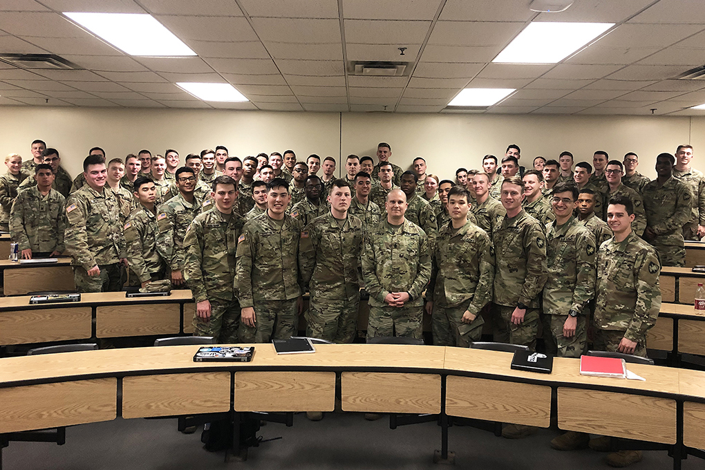 Command Sgt. Maj. Sam Crislip poses with West Point cadets he taught during the Information Technology course, focusing on cyber policy, strategy and operations. He used his knowledge and experience to illustrate how cyber was applicable to their Army career.