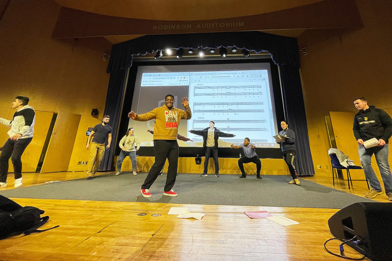 Members of the Class of 2022 performed skits during a live production titled, “Firsties Endgame,ˮ in what is traditionally known as the “100th Night Showˮ on Saturday at Eisenhower Hall Theatre.