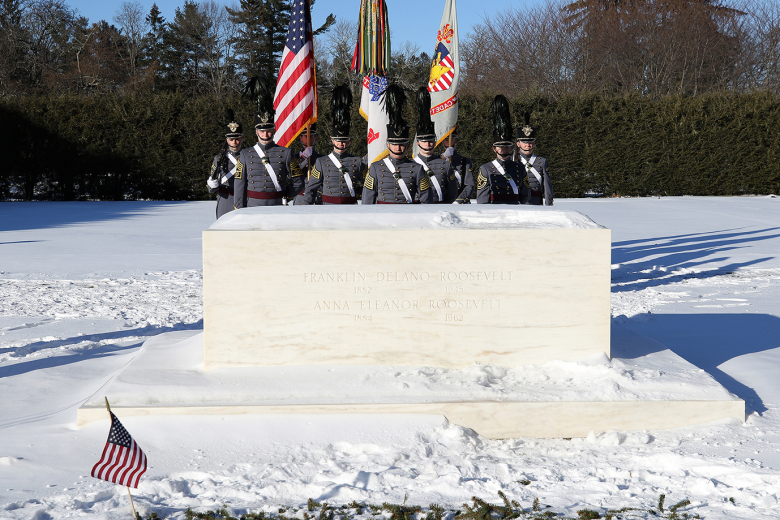 The U.S. Corps of Cadets 2nd Regiment Staff and Color Guard (top left) performed honor guard duties, the West Point Military Police Honor Guard (left) provided salutory volleys, Staff Sgt. Judy Gaunt and Master Sgt. William Calohan from the U.S. Military Academy Band (top right) played Taps while Dean of the Academic Board Brig. Gen. Shane Reeves (above) made remarks during the ceremony honoring former President Franklin D. Rooseveltʼs 140th birthday Sunday in Hyde Park, N.Y.   	(Photos by 