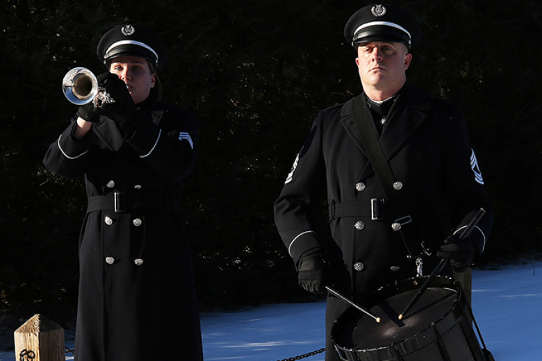 The U.S. Corps of Cadets 2nd Regiment Staff and Color Guard (top left) performed honor guard duties, the West Point Military Police Honor Guard (left) provided salutory volleys, Staff Sgt. Judy Gaunt and Master Sgt. William Calohan from the U.S. Military Academy Band (top right) played Taps while Dean of the Academic Board Brig. Gen. Shane Reeves (above) made remarks during the ceremony honoring former President Franklin D. Rooseveltʼs 140th birthday Sunday in Hyde Park, N.Y.   	(Photos by Eric S. Bartelt/P