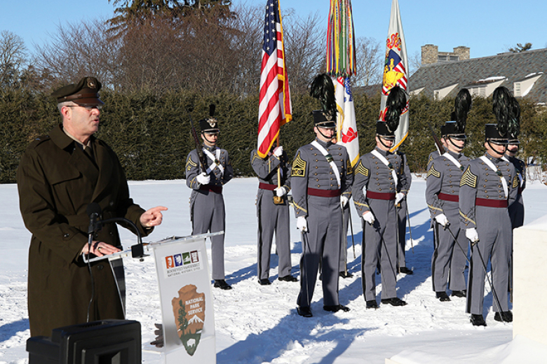 The U.S. Corps of Cadets 2nd Regiment Staff and Color Guard (top left) performed honor guard duties, the West Point Military Police Honor Guard (left) provided salutory volleys, Staff Sgt. Judy Gaunt and Master Sgt. William Calohan from the U.S. Military Academy Band (top right) played Taps while Dean of the Academic Board Brig. Gen. Shane Reeves (above) made remarks during the ceremony honoring former President Franklin D. Rooseveltʼs 140th birthday Sunday in Hyde Park, N.Y.   	(Photos by Eric S. Bartelt/P