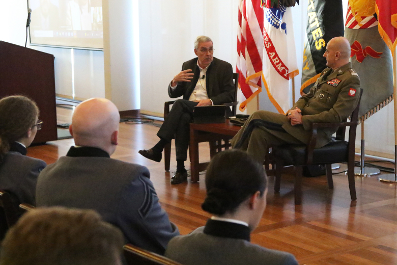 Ambassador Douglas Lute, former U.S. ambassador to NATO, speaks with Gen. Rajmund Andrzejczak, chief of the General Staff of the Polish Forces, during the "Bridging Alliances" roundtable discussion Feb. 10 at Jefferson Hall.  (Photo by Eric S. Bartelt/PV)