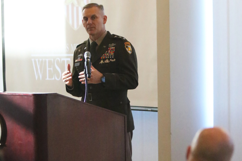 U.S. Military Academy Superintendent Lt. Gen. Steven W. Gilland speaks during the closing remarks of the International Security Seminar Feb. 10 at Jefferson Hall.