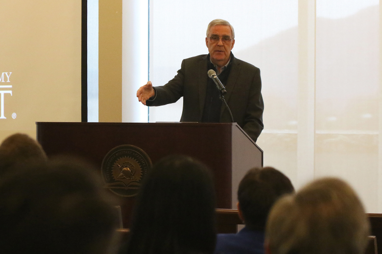 Ambassador Douglas Lute, former U.S. ambassador to NATO, speaks during the introductory remarks of the International Security Seminar Feb. 9 at Jefferson Hall.