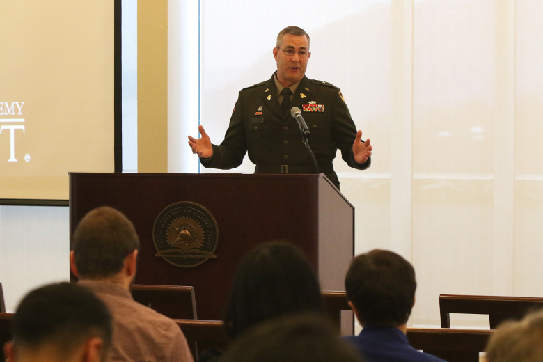 U.S. Military Academy Dean of the Academic Board Brig. Gen. Shane Reeves speaks during the welcome remarks of the International Security Seminar Feb. 10 at Jefferson Hall.  (Photo by Eric S. Bartelt/PV)