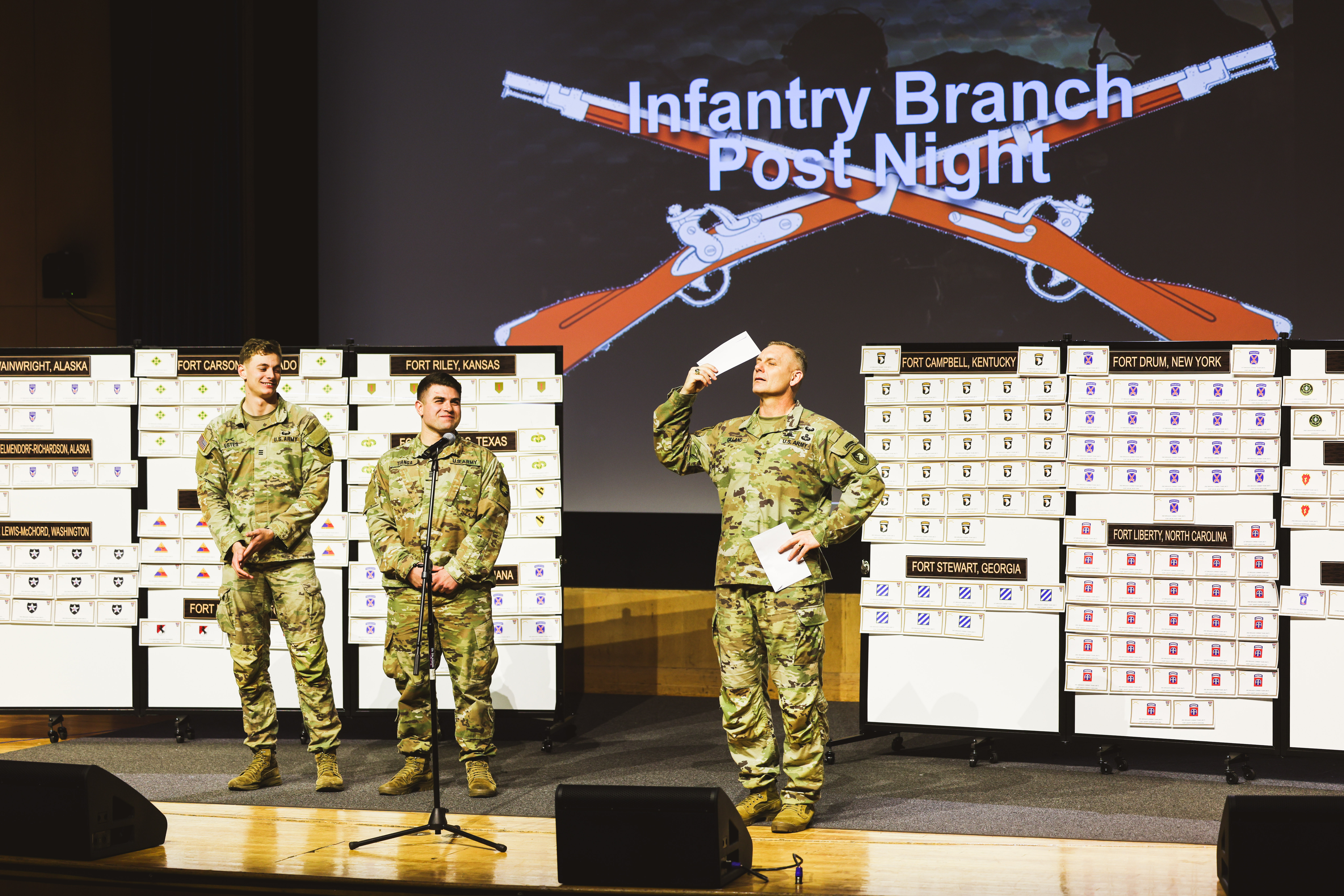 Cadets from the U.S. Military Academy Class of 2024 gathered at various locations to select their first Army duty station during the annual Post Night event on Feb. 28 at West Point.   Post Night is conducted using a draft-style process based on the Cadet Order of Merit list, allowing cadets to select their duty station based on where they rank from highest to lowest on the OML.   Leading up to Post Night, the Department of Military Instruction’s Accessions Division educates cadets about not just the availa