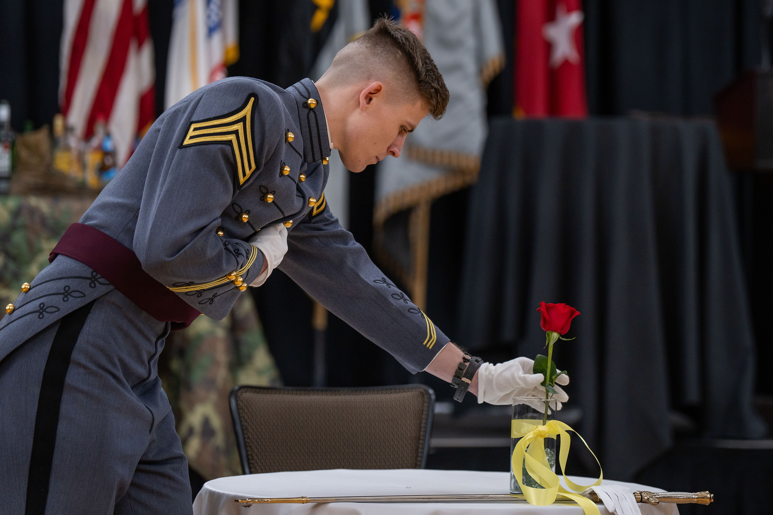 In a poignant celebration of dedication and service, the National Infantry Association West Point Chapter hosted the distinguished 20th annual National Infantry Association Ball on Jan. 26 at Eisenhower Hall. This event, steeped in tradition, served as a profound reminder of the sacrifices made by those within the Infantry community.  (Photo by Class of 2025 Cadet Noah Murray)