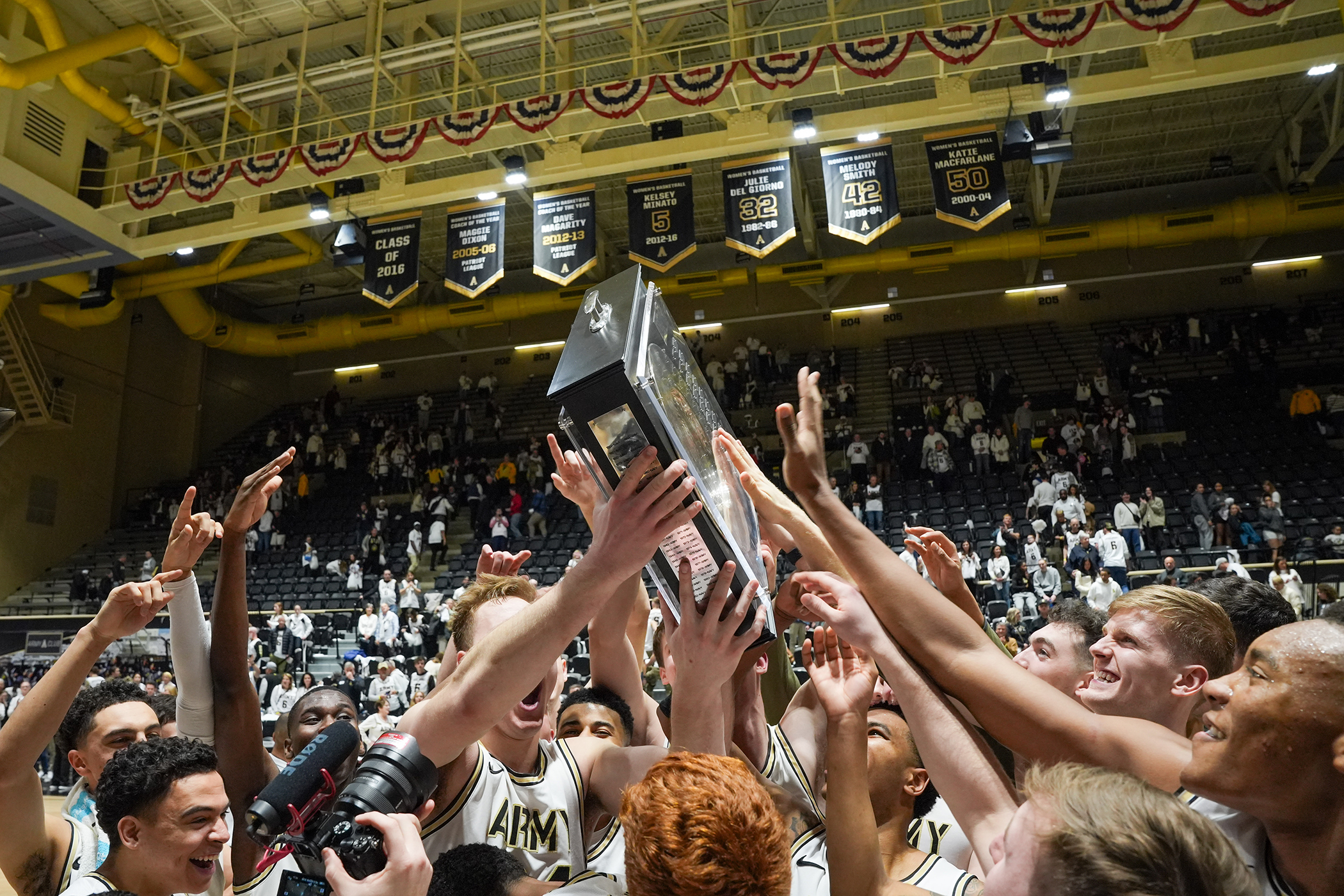 The Army West Point men's basketball team (8-17, 4-8 PL) was victorious in the annual "Star" Series matchup presented by USAA over the Navy Midshipmen (8-15, 4-8 PL), 69-67, in an overtime thriller at Christl Arena on Feb. 10, Army's first "Star" Series win since 2020, also snapping a four-game losing streak to the Midshipmen since last defeating them Jan. 22, 2022.  (Photo by Class of 2026 Cadet Andrew Ho)