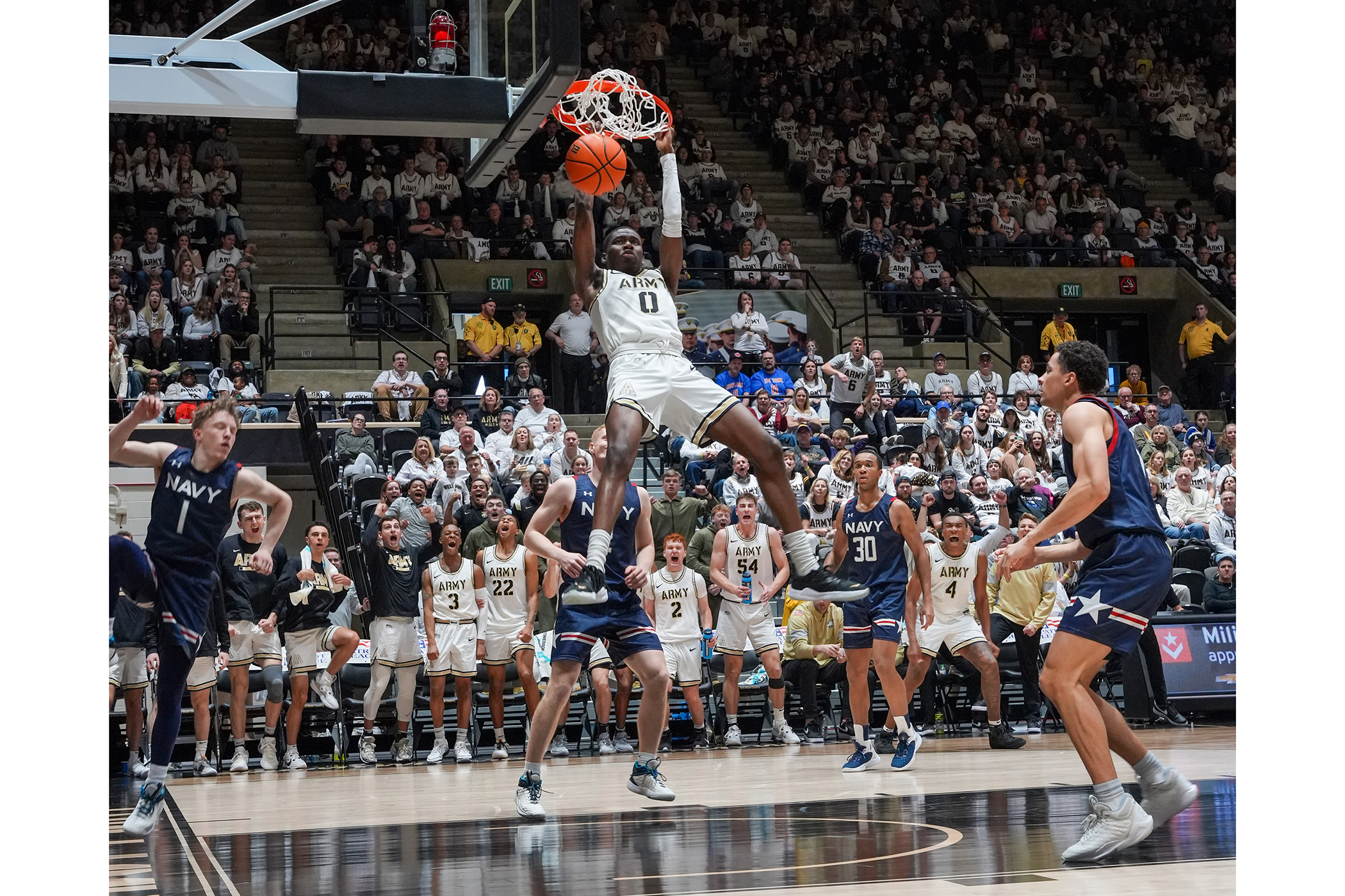 The Army West Point men's basketball team (8-17, 4-8 PL) was victorious in the annual "Star" Series matchup presented by USAA over the Navy Midshipmen (8-15, 4-8 PL), 69-67, in an overtime thriller at Christl Arena on Feb. 10, Army's first "Star" Series win since 2020, also snapping a four-game losing streak to the Midshipmen since last defeating them Jan. 22, 2022.  (Photo by Class of 2026 Cadet Andrew Ho)