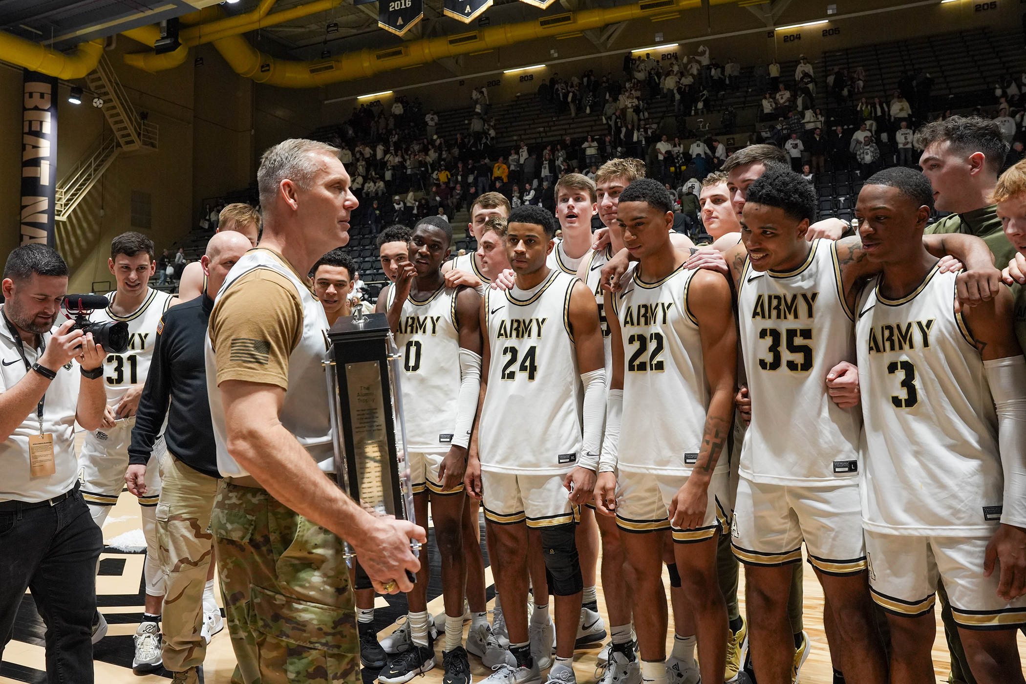 The Army West Point men's basketball team (8-17, 4-8 PL) was victorious in the annual "Star" Series matchup presented by USAA over the Navy Midshipmen (8-15, 4-8 PL), 69-67, in an overtime thriller at Christl Arena on Feb. 10, Army's first "Star" Series win since 2020, also snapping a four-game losing streak to the Midshipmen since last defeating them Jan. 22, 2022.  (Photo by Class of 2026 Cadet Andrew Ho)