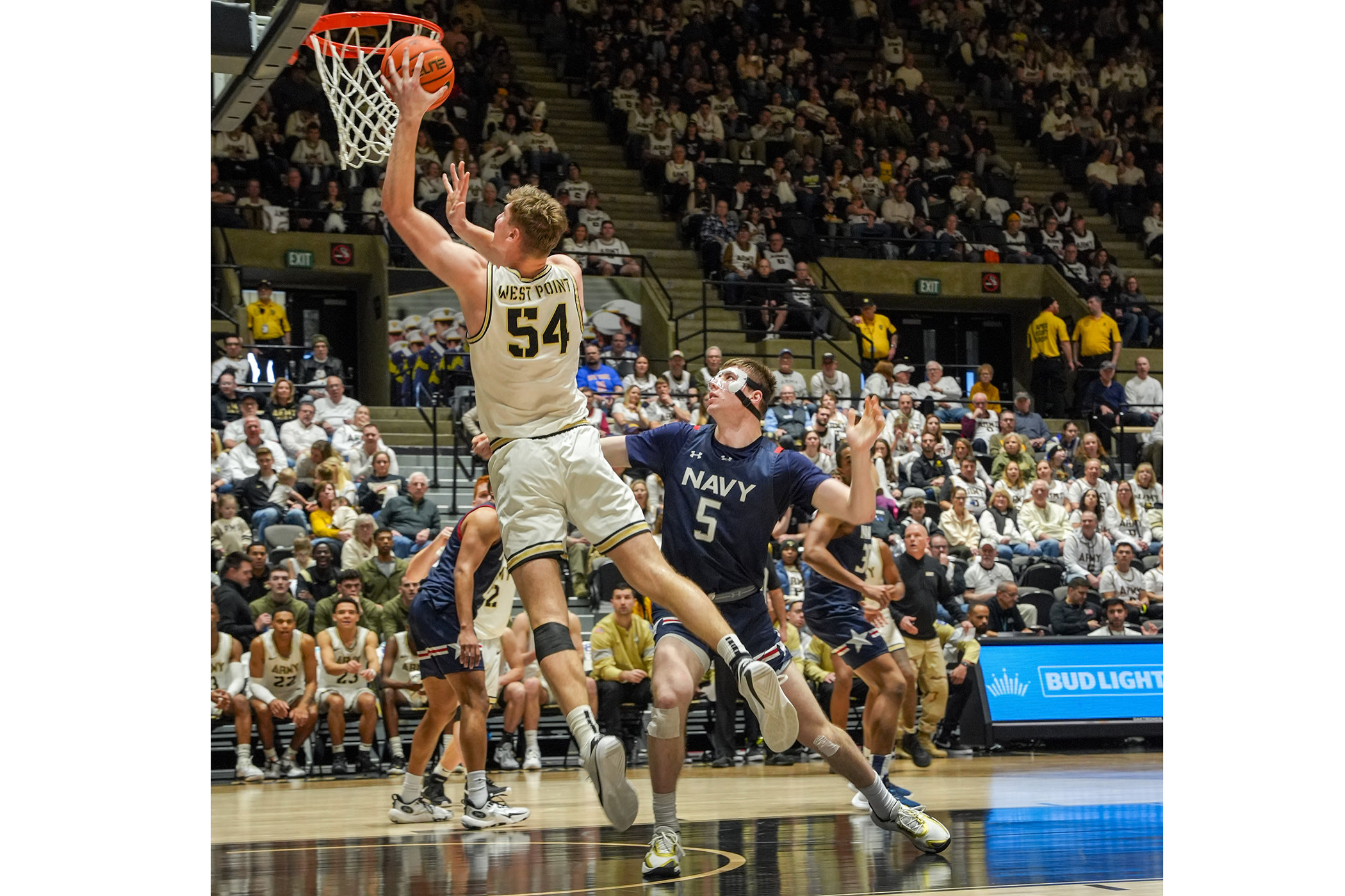 The Army West Point men's basketball team (8-17, 4-8 PL) was victorious in the annual "Star" Series matchup presented by USAA over the Navy Midshipmen (8-15, 4-8 PL), 69-67, in an overtime thriller at Christl Arena on Feb. 10, Army's first "Star" Series win since 2020, also snapping a four-game losing streak to the Midshipmen since last defeating them Jan. 22, 2022.  (Photo by Class of 2026 Cadet Andrew Ho)