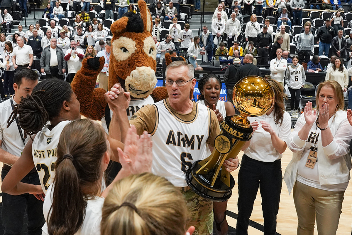The Army West Point women's basketball team (10-11, 7-4 PL) was victorious in the annual "Star" Series matchup presented by USAA over the Navy Midshipmen (8-14, 4-7 PL), 70-58, at Christl Arena on Feb. 10, marking three straight "Star" Series wins for the Army women's basketball team and Head Coach Missy Traversi.  (Photo by Class of 2026 Andrew Ho) 
