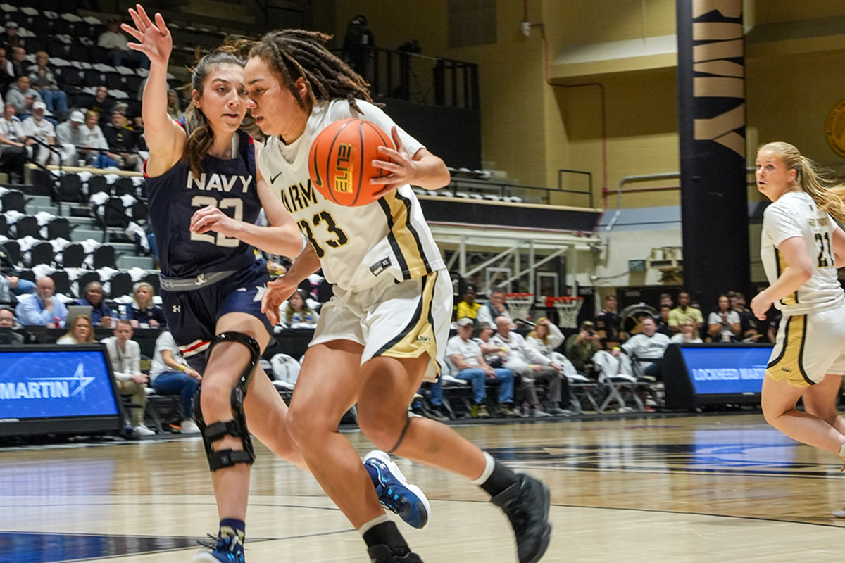 The Army West Point women's basketball team (10-11, 7-4 PL) was victorious in the annual "Star" Series matchup presented by USAA over the Navy Midshipmen (8-14, 4-7 PL), 70-58, at Christl Arena on Feb. 10, marking three straight "Star" Series wins for the Army women's basketball team and Head Coach Missy Traversi.  (Photo by Class of 2026 Andrew Ho) 
