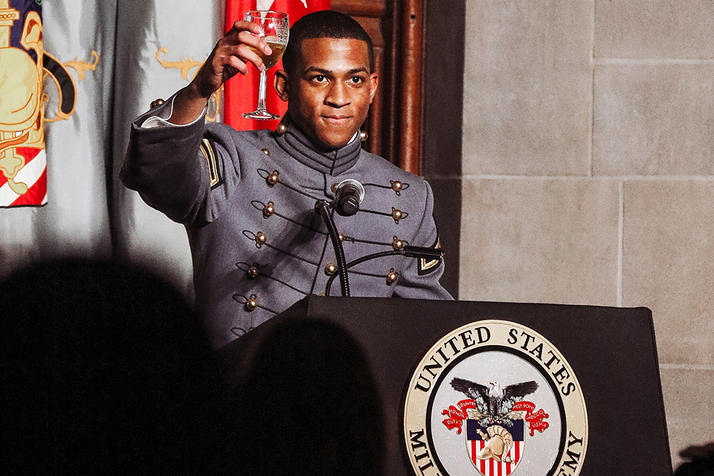 The U.S. Military Academy Class of 2023 Class President Melic Belong gives a toast during the junior classʼ 500th Night event Saturday at Washington Hall. The 500th Night celebration is a formal dinner and reception commemorating the number of days the Cow  (junior) class has left before graduation. 
