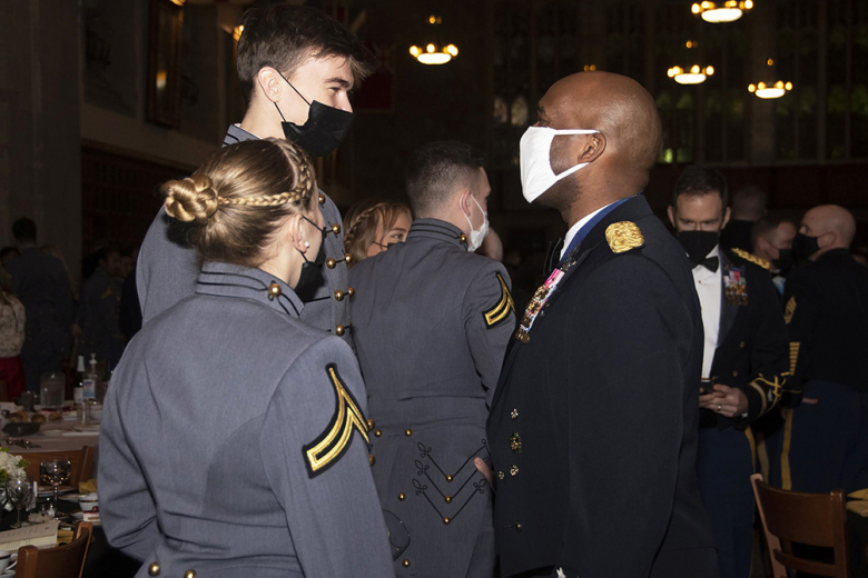 Lt. Gen. Xavier T. Brunson (right), the commanding general of I Corps at Joint Base Lewis-McChord, Washington, talks to cadets from the Class of 2023 after his guest speaking speech at 500th Night.   Photo by Kyle Osterhoudt/USMA PAO