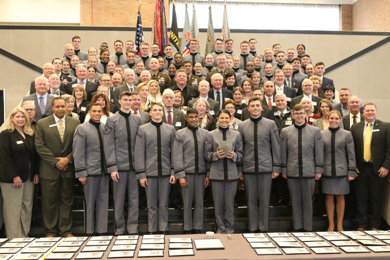 A group photo of all the participants of the 23rd annual West Point Association of Graduatesʼ Ring Melt Friday in Crest Hall. 