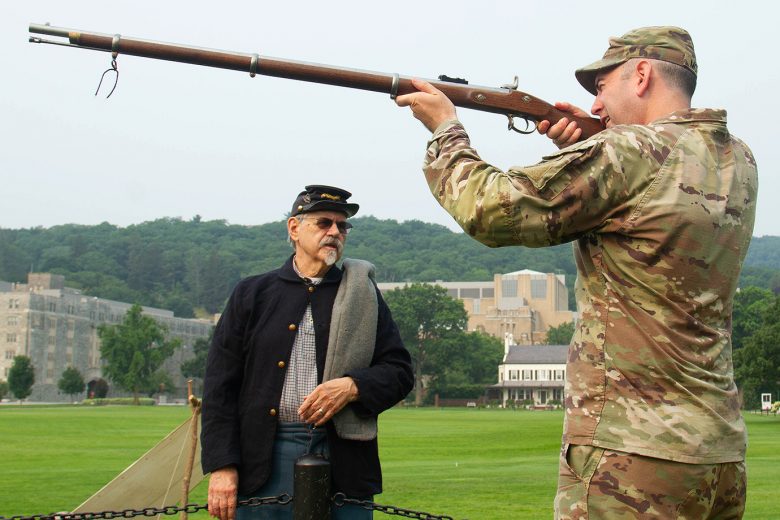 The 124th New York Infantry Regiment Civil War re-enactors teach cadets how to properly wield black powder muskets during the Overland Campaign Staff Ride, which is a hands-on Civil War Drill, Tuesday on The Plain. The cadets were conducting a week-long intensive study of Civil War campaigns, including the Overland Campaign, Petersburg Campaign and the Appomattox Campaign, which ended the Civil War. The cadets will write a paper about the campaigns they studied and, on Tuesday, they will be driven down