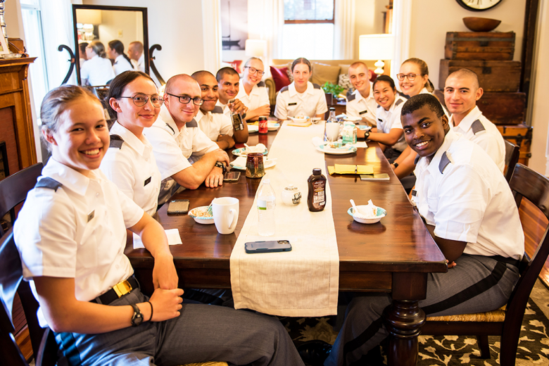 New Cadet Visitation Day, also known as the Ice Cream Social, allowed new cadets from the U.S. Military Academy Class of 2025 to have a short break from the demands of Cadet Basic Training Sunday. Staff, faculty, coaches and members of the West Point community hosted the new cadets in their homes and gave them a relaxed, informal atmosphere where the new cadets called home (left), enjoyed drinks and treats (bottom) while asking questions and learning about the military lifestyle. The new cadets also 