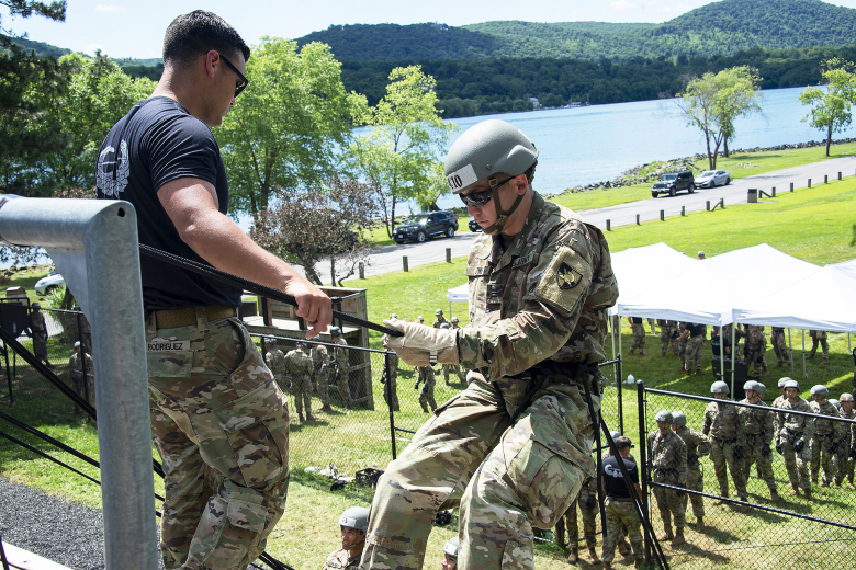 U.S. Military Academy cadets perform rappelling operations from UH-60 Black Hawks and the Height tower during Air Assault School training June 29 at the South Dock Rappelling Site. This was the first of five iterations, 14 days per session, of the Air Assault School at West Point from June 19 through Aug. 4. The school is led by noncommissioned officers from The Sabalauski Air Assault School at Fort Campbell, Ky.      	(Photos by Elizabeth Woodruff/USMA PAO and Kyle Osterhoudt/USMA PAO)