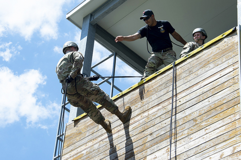 U.S. Military Academy cadets perform rappelling operations from UH-60 Black Hawks and the Height tower during Air Assault School training June 29 at the South Dock Rappelling Site. This was the first of five iterations, 14 days per session, of the Air Assault School at West Point from June 19 through Aug. 4. The school is led by noncommissioned officers from The Sabalauski Air Assault School at Fort Campbell, Ky.      	(Photos by Elizabeth Woodruff/USMA PAO and Kyle Osterhoudt/USMA PAO)