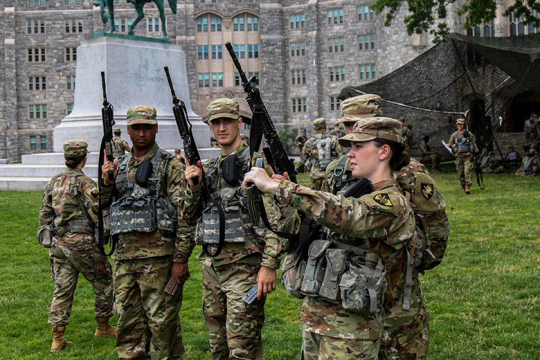 The new cadets from the U.S. Military Academy Class of 2026 receive instruction on the use of the M-4 Carbine between July 6-13 at Washington Hall. During the training, cadets were taught weapon safety, how to disassemble and reassemble the M4, techniques on how to fire and more before they go use that knowledge at the firing ranges.   (Photo by Spc. Kelvin Johnson Jr./40th Public Affairs Detachment)