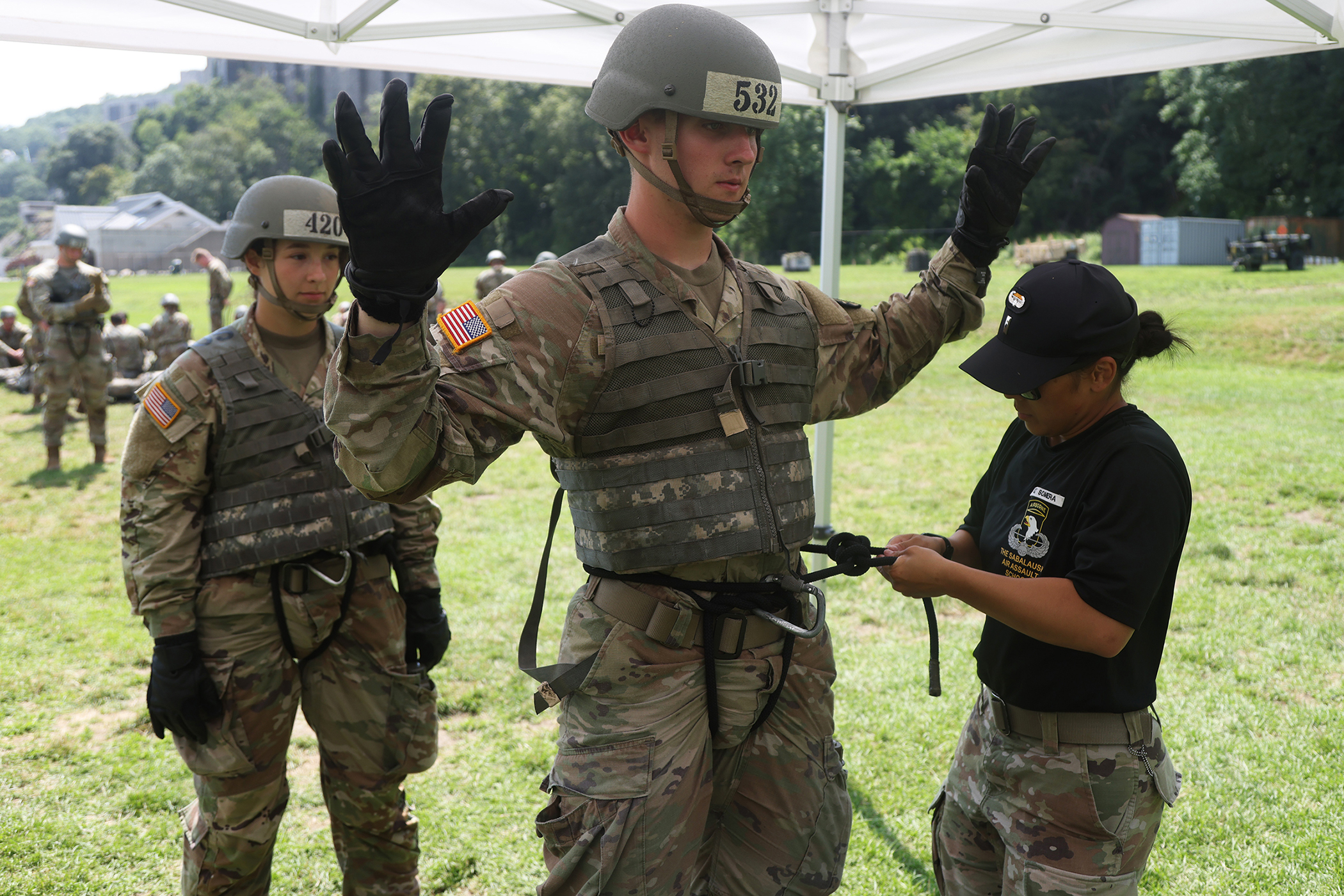 Cadets, ROTC cadets, Summer Task Force members and U.S. Military Academy staff and faculty participated in air assault training on South Dock at West Point. The trainee candidates are trained in air assault operations, sling-load operations and rappelling during the 10-day course. Upon graduation of the course, each Soldier will be able to perform skills required to make maximum use of helicopter assets in training and in combat to support their unit operations. Air assault school is one of the most physica