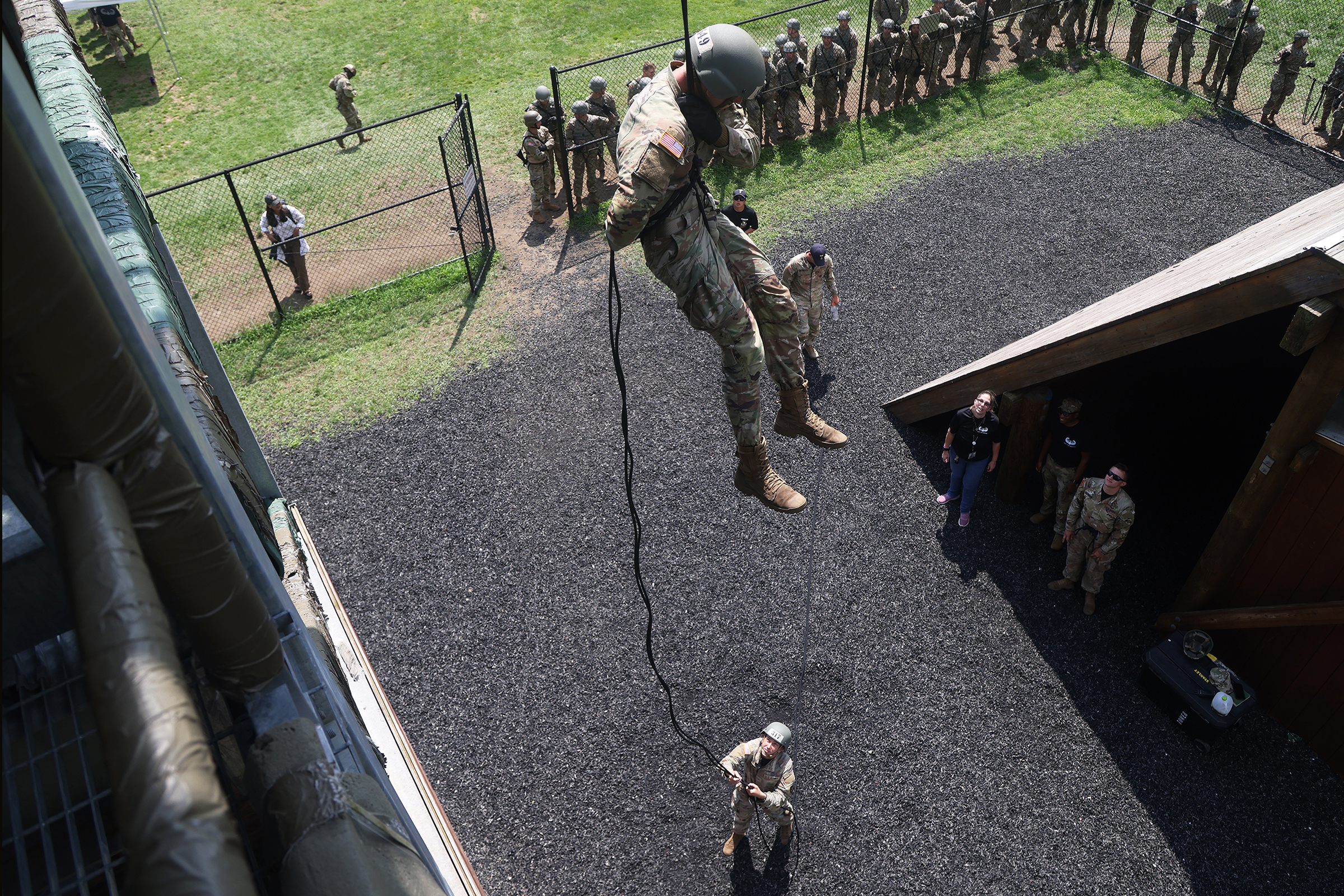 Cadets, ROTC cadets, Summer Task Force members and U.S. Military Academy staff and faculty participated in air assault training on South Dock at West Point. The trainee candidates are trained in air assault operations, sling-load operations and rappelling during the 10-day course. Upon graduation of the course, each Soldier will be able to perform skills required to make maximum use of helicopter assets in training and in combat to support their unit operations. Air assault school is one of the most physica