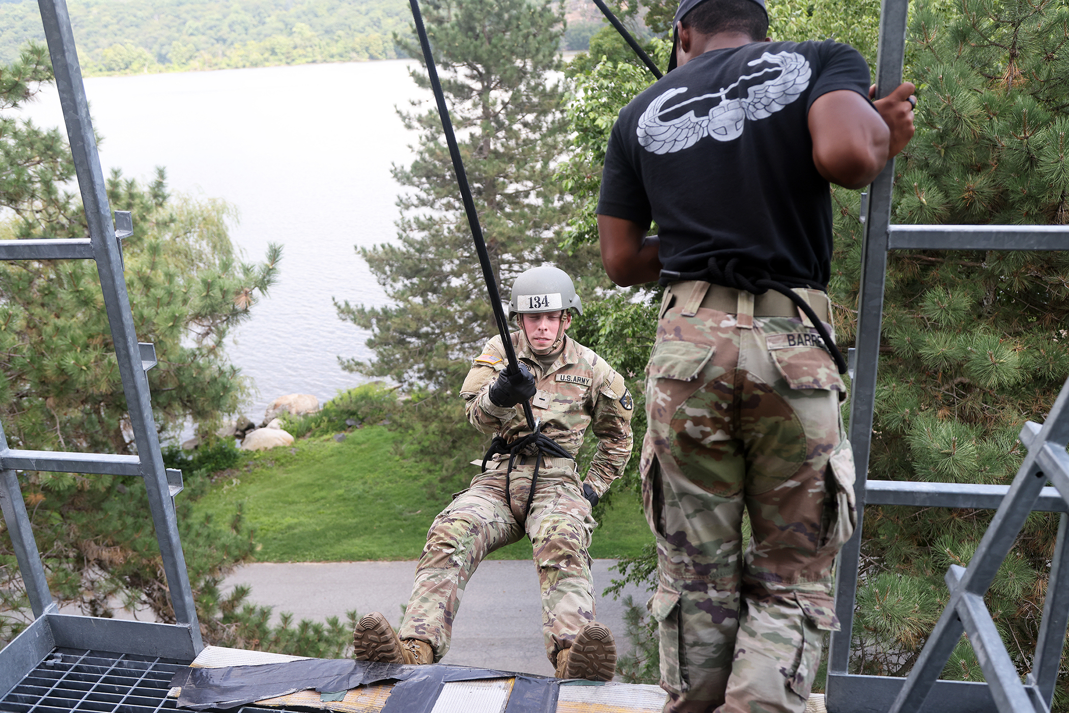 Cadets, ROTC cadets, Summer Task Force members and U.S. Military Academy staff and faculty participated in air assault training on South Dock at West Point. The trainee candidates are trained in air assault operations, sling-load operations and rappelling during the 10-day course. Upon graduation of the course, each Soldier will be able to perform skills required to make maximum use of helicopter assets in training and in combat to support their unit operations. Air assault school is one of the most physica