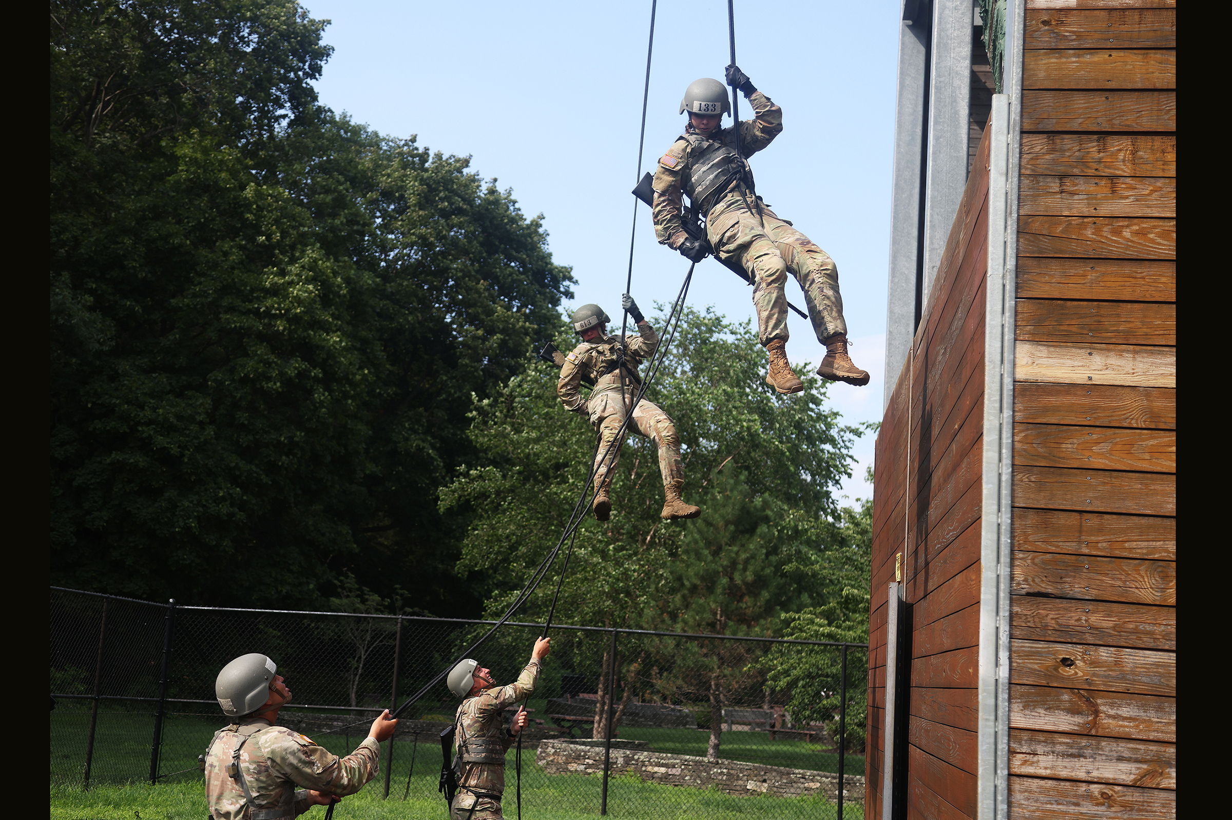 Cadets, ROTC cadets, Summer Task Force members and U.S. Military Academy staff and faculty participated in air assault training on South Dock at West Point. The trainee candidates are trained in air assault operations, sling-load operations and rappelling during the 10-day course. Upon graduation of the course, each Soldier will be able to perform skills required to make maximum use of helicopter assets in training and in combat to support their unit operations. Air assault school is one of the most physica