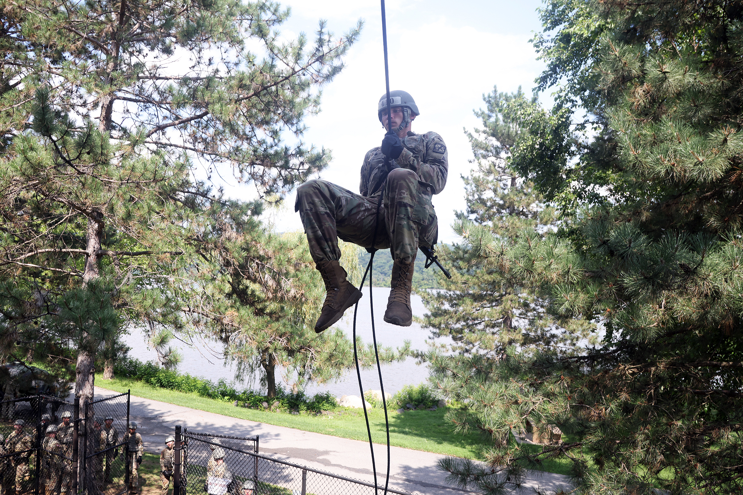 Cadets, ROTC cadets, Summer Task Force members and U.S. Military Academy staff and faculty participated in air assault training on South Dock at West Point. The trainee candidates are trained in air assault operations, sling-load operations and rappelling during the 10-day course. Upon graduation of the course, each Soldier will be able to perform skills required to make maximum use of helicopter assets in training and in combat to support their unit operations. Air assault school is one of the most physica