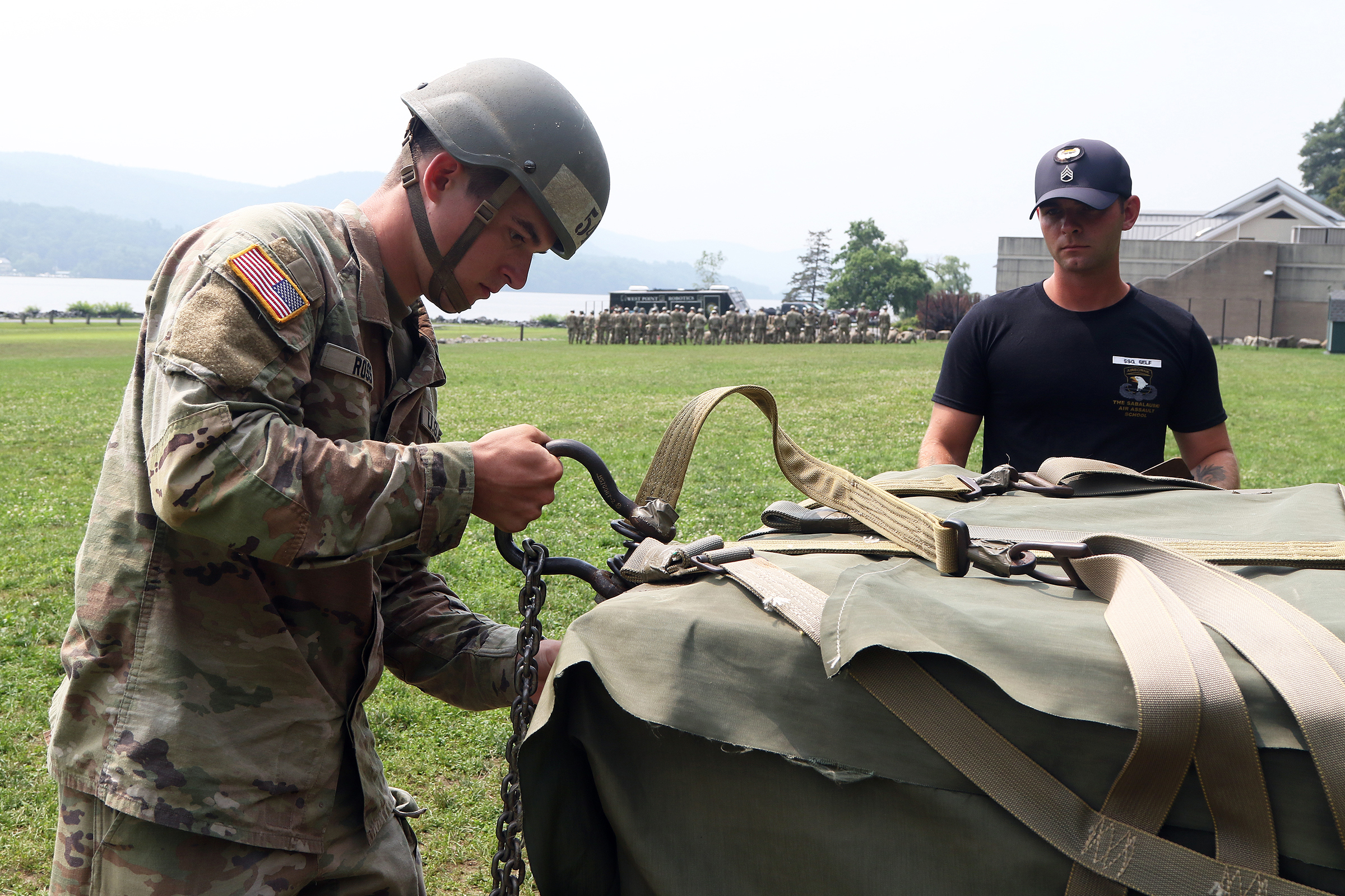 Cadets, ROTC cadets, Summer Task Force members and U.S. Military Academy staff and faculty participated in air assault training on South Dock at West Point. The trainee candidates are trained in air assault operations, sling-load operations and rappelling during the 10-day course. Upon graduation of the course, each Soldier will be able to perform skills required to make maximum use of helicopter assets in training and in combat to support their unit operations. Air assault school is one of the most physica