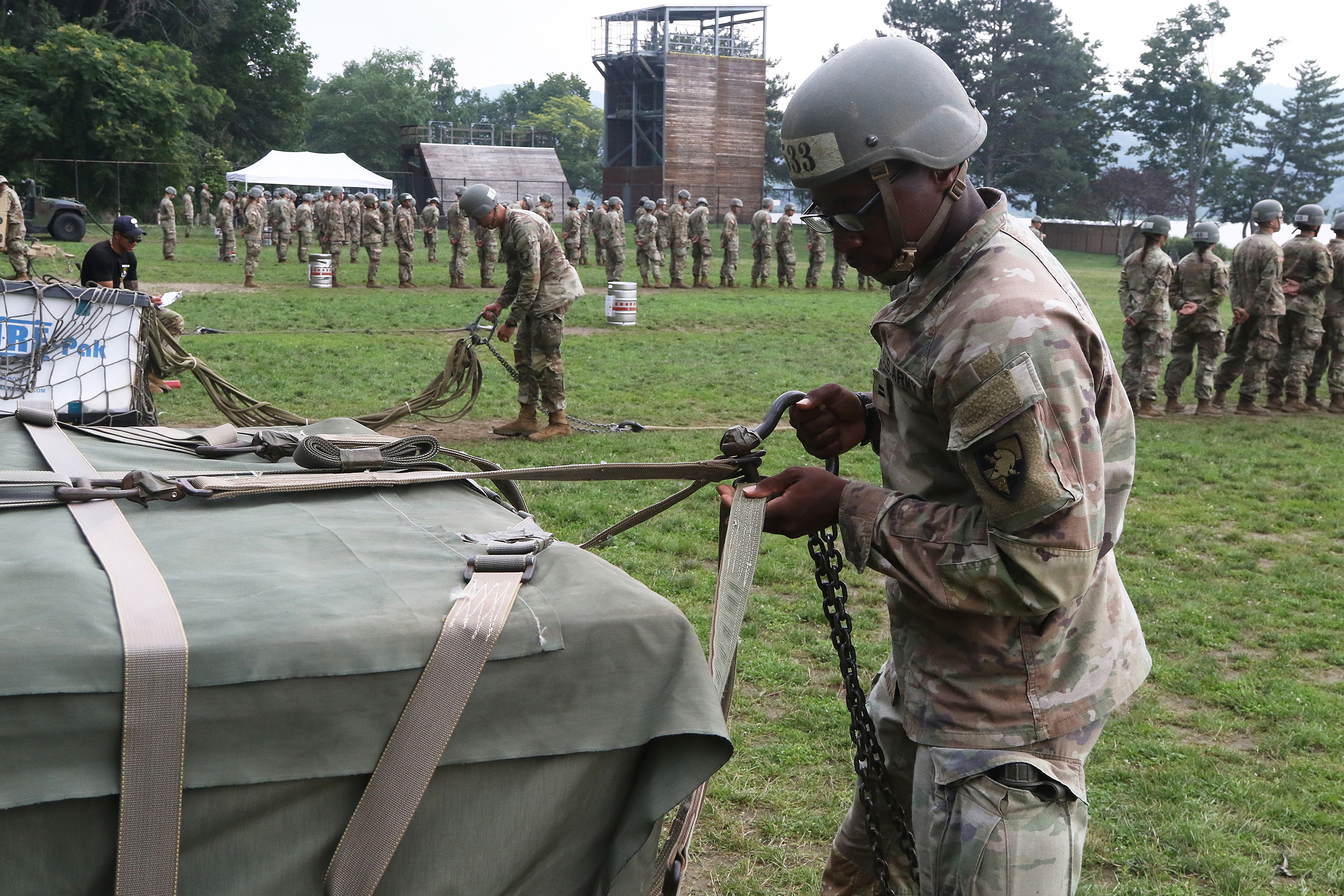 Cadets, ROTC cadets, Summer Task Force members and U.S. Military Academy staff and faculty participated in air assault training on South Dock at West Point. The trainee candidates are trained in air assault operations, sling-load operations and rappelling during the 10-day course. Upon graduation of the course, each Soldier will be able to perform skills required to make maximum use of helicopter assets in training and in combat to support their unit operations. Air assault school is one of the most physica