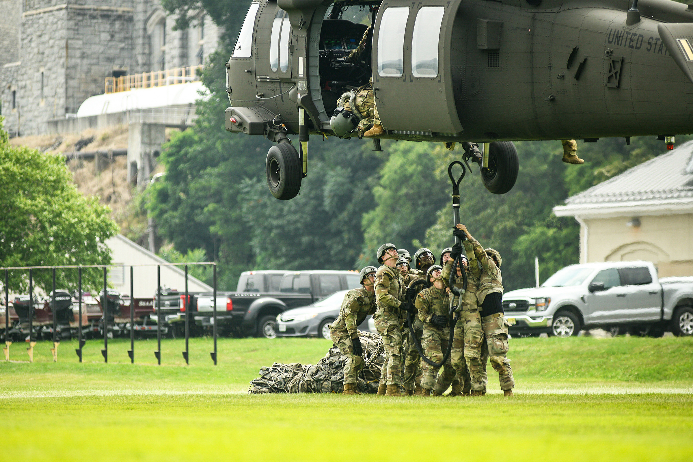 Cadets, ROTC cadets, Summer Task Force members and U.S. Military Academy staff and faculty participated in air assault training on South Dock at West Point. The trainee candidates are trained in air assault operations, sling-load operations and rappelling during the 10-day course. Upon graduation of the course, each Soldier will be able to perform skills required to make maximum use of helicopter assets in training and in combat to support their unit operations. Air assault school is one of the most physica