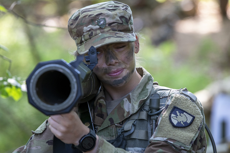 Yearling cadets from Cadet Summer Training’s 8th Company at the U.S. Military Academy practiced their warrior tasks and battle drills during Cadet Field Training May 26 in the range areas. Cadets applied utilizing camouflage, as well as a variety of weapon systems, including the Claymore mine (above) and AT4 rocket launcher (right).	         Photos by Sgt. Gregory Muenchow/27th PAD Unit