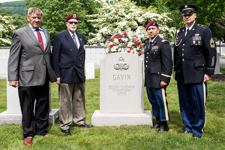 A wreath-laying ceremony to honor Lt. Gen. James Gavin, U.S. Military Academy 1929 graduate, at his gravestone took place Friday at the West Point Cemetery. (Below from left to right) In attendance to help with the wreath laying were retired Sgt. Maj. David Brzywczy, West Point Public Affairs; Larry Lenahan, a member of the Walter Hughes Chapter of the 82nd Airborne Division Association and the Gavin family representative; Capt. Brian Martinez, an instructor in MX 400 Officership who served with the 82nd