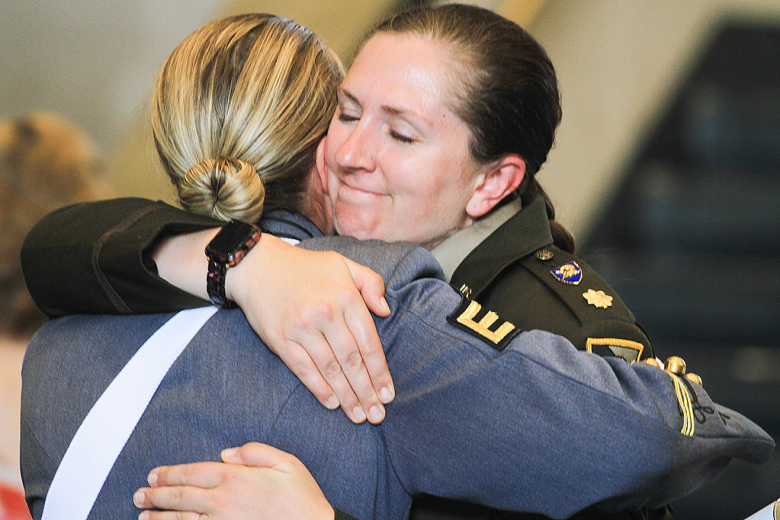 Family and friends gathered at Eisenhower Hall to celebrate the triumph of (above from left to right) Class of 2022 Cadets Brooke Allen, Shelby Rotchford and Matthew Schirmer as they graduated and commissioned as second lieutenants on June 10 at the U.S. Military Academy.          (Photo by Jorge Garcia/PV)