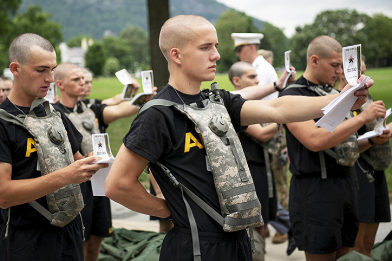 Approximately 1,200 candidates of the Class of 2026 report to the U.S. Military Academy at West Point for Reception Day Monday. (Above and bottom left) The new cadets receive detailed instruction from members of the cadet cadre, begin to learn from their New Cadet Handbook for Cadet Basic Training 2022 (bottom center) and receive a regulation Army haircut at the academy (bottom right).   