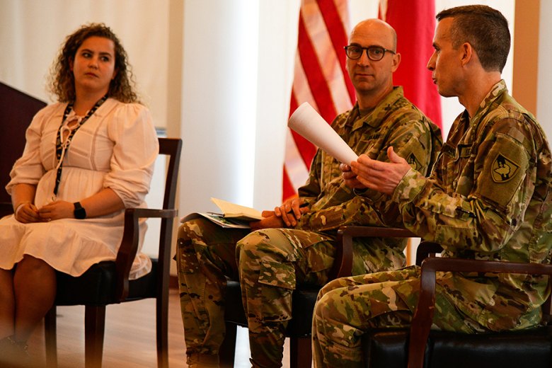 Col. Jakob Bruhl (center), Col. Michael Yankovich (right) and Dr. Elise Dykhuis (left) answered questions on different topics during a ceremony on May honoring the 328 collected works of West Point authors between July and December 2021. 
