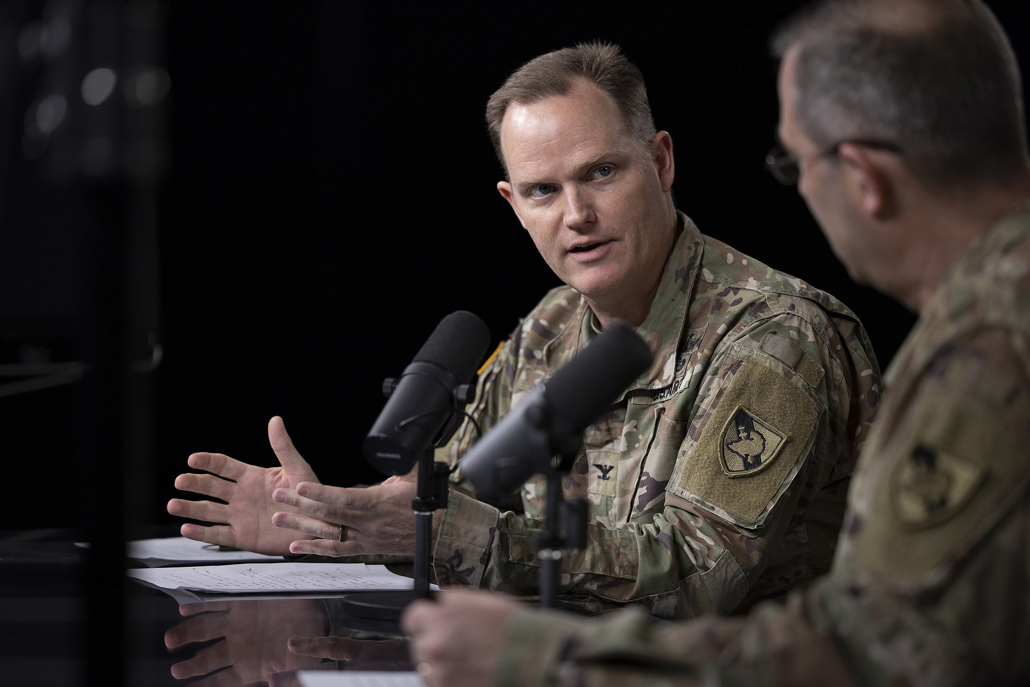 Brig. Gen. Shane Reeves, United States Military Academy Dean of the Academic Board, and Col. Will Wright, Global Information Systems Program Director, discuss mapping the arctic and helicopter landing zones in the newest podcast episode of “Inside West Point: Ideas That Impact.”    (Photo by Christopher Hennen/USMA PAO)