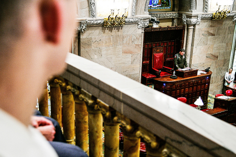Col. Kwenton Kuhlman, the director at the Simon Center for the Professional Military Ethic, gave opening remarks during the 70th annual West Point Day in Albany, N.Y., on March 24. Members of the U.S. Military Academy visited the New York State capital building during the day.