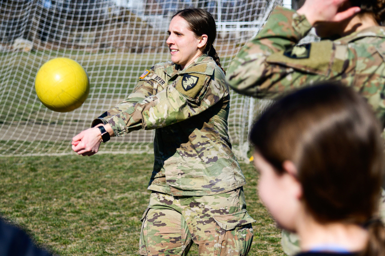 Members of the West Point Big Brothers Big Sisters Club visited the Highland Falls Intermediate School (HFIS) on March 21, in Highland Falls, N.Y. Cadets meet with HFIS students once a week for about an hour to either play at the playground or do mentorship activities like developing goals and character development. For more information on Big Brothers Big Sisters of America program, visit www.bbs.org.    (Photo by Sgt. 1st Class Luisito Brooks/USMA PAO)  