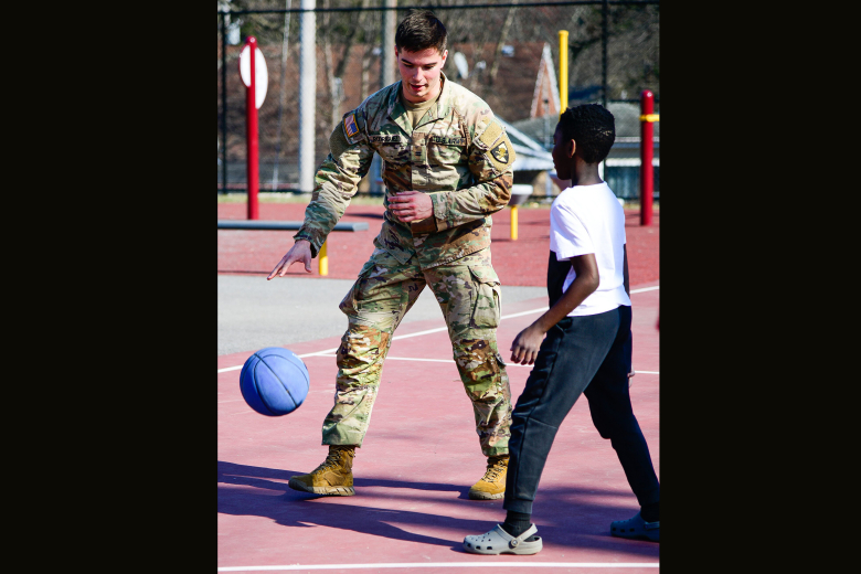 Members of the West Point Big Brothers Big Sisters Club visited the Highland Falls Intermediate School (HFIS) on March 21, in Highland Falls, N.Y. Cadets meet with HFIS students once a week for about an hour to either play at the playground or do mentorship activities like developing goals and character development. For more information on Big Brothers Big Sisters of America program, visit www.bbs.org.    (Photo by Sgt. 1st Class Luisito Brooks/USMA PAO)  