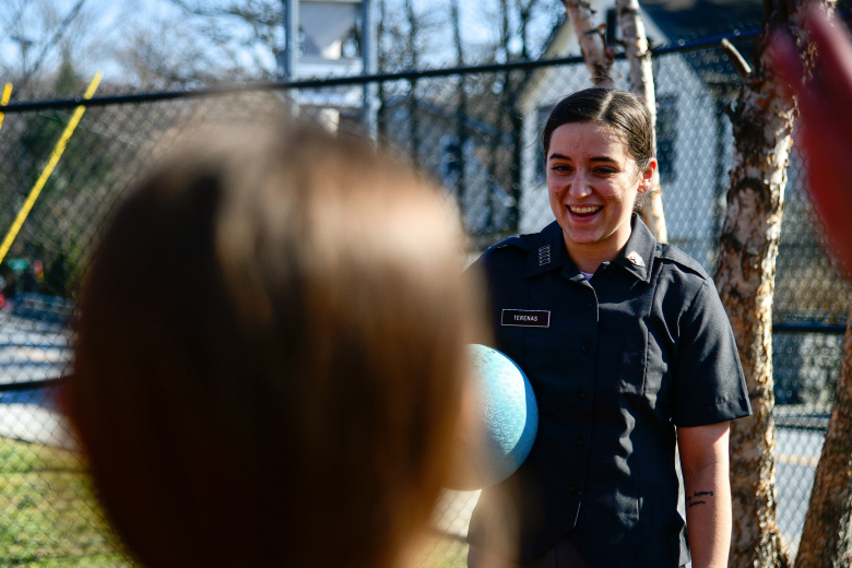 Members of the West Point Big Brothers Big Sisters Club visited the Highland Falls Intermediate School (HFIS) on March 21, in Highland Falls, N.Y. Cadets meet with HFIS students once a week for about an hour to either play at the playground or do mentorship activities like developing goals and character development. For more information on Big Brothers Big Sisters of America program, visit www.bbs.org.    (Photo by Sgt. 1st Class Luisito Brooks/USMA PAO)  